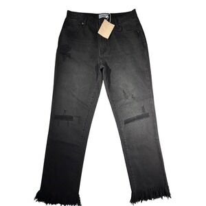 NWT Minkpink MPD Black Distressed Fringe Hem Straight Leg Jeans Womens Size M